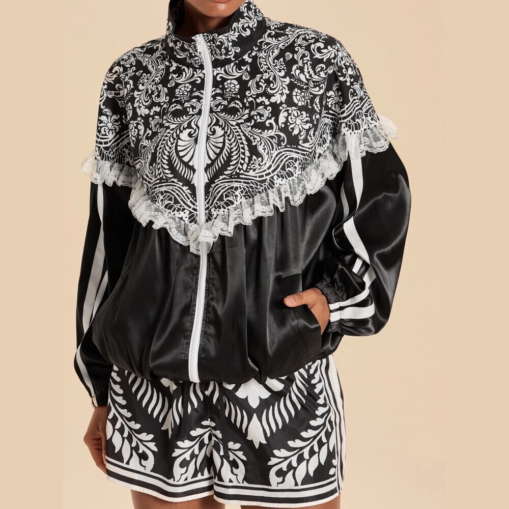 Black White Baroque Print Lace Trim Zip Front Lightweight Track Jacket